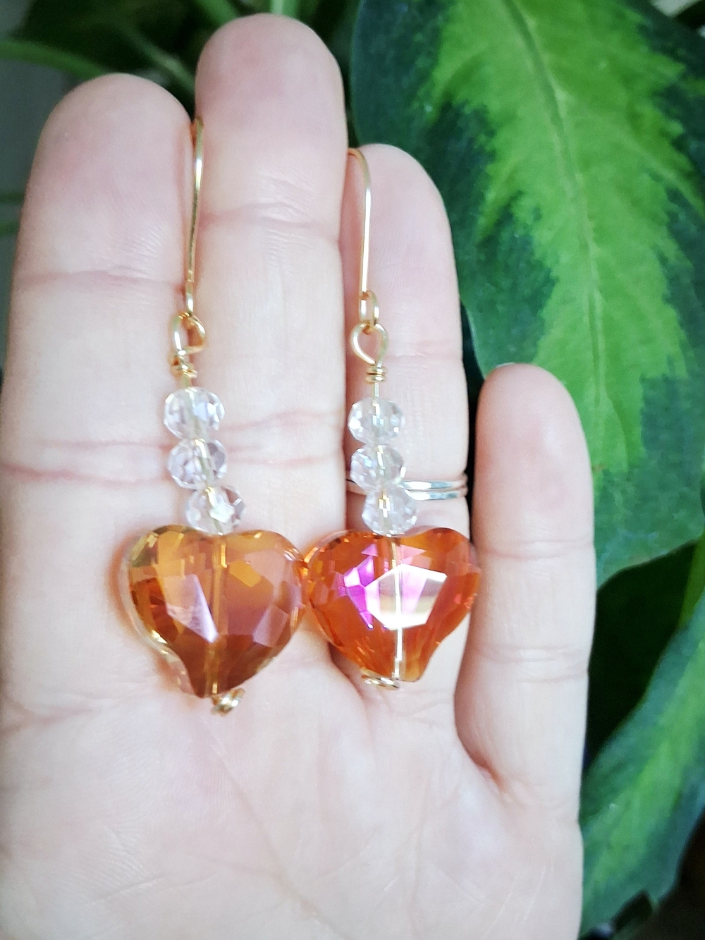 Gold-Tone Iridescent Orange Heart Drop Earrings - Picture 4 of 5